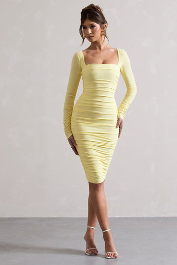 Seductress Yellow Long Sleeve Square Neck Ruched Midi Dress